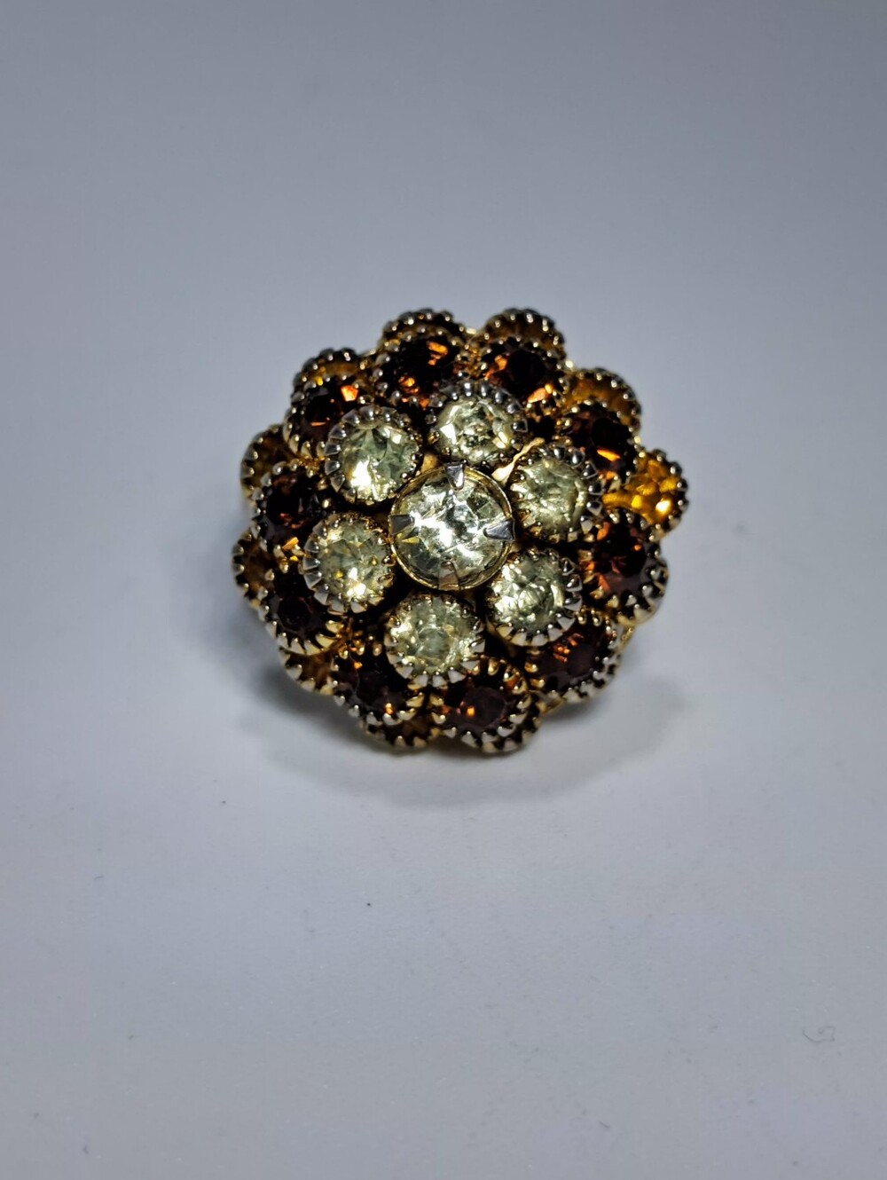 Vintage Judy Lee Amber Rhinestone Cluster Ring Adjustable